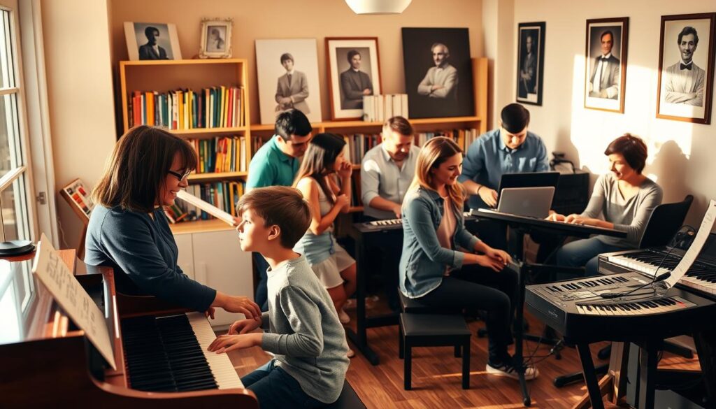 A vibrant and inviting scene of a diverse group of adults and children gathered in a cozy, sunlit music studio, engaged in piano practice together. In the foreground, a middle-aged woman in professional casual attire is providing encouragement to a young boy at a grand piano, while another adult, dressed in smart casual clothing, sits next to them, playing an uplifting melody. In the middle ground, other community members are interacting harmoniously, some practicing scales on electronic keyboards, others sharing tips and laughter. The background features shelves filled with music books and framed pictures of famous pianists, enhancing the warm, supportive atmosphere. The soft, golden lighting creates an inspiring and motivating environment, evoking a sense of camaraderie and collective growth in musical journey.
