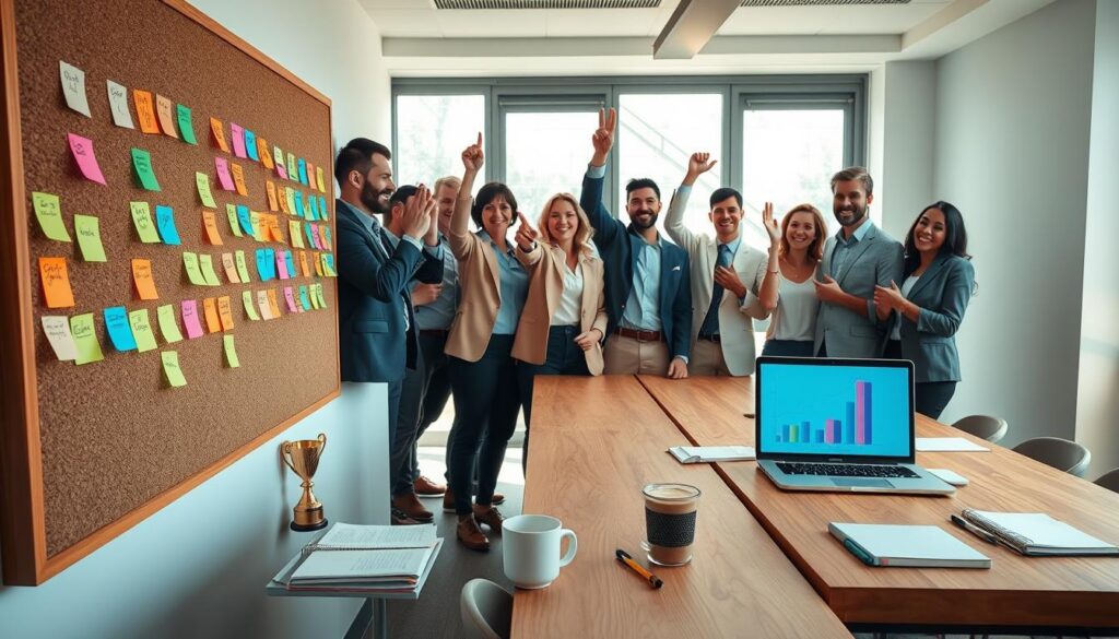 A vibrant and organized workspace depicting a diverse group of professionals, dressed in smart casual attire, celebrating small achievements. In the foreground, a large corkboard filled with colorful sticky notes representing goals and progress, along with checkmarks and small trophies. The middle area features a long wooden table with personal notebooks, coffee cups, and a laptop displaying a digital progress chart. The background shows a bright window with sunlight pouring in, creating an uplifting atmosphere. Soft lighting enhances the positivity of the scene. The composition captures a sense of teamwork and motivation, emphasizing the importance of tracking progress and celebrating small wins in a collaborative environment.