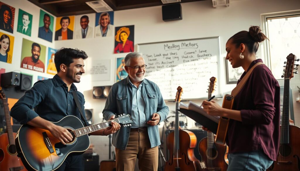 A vibrant, inspirational scene depicting a group of diverse musicians gathered in a sunlit, modern studio filled with instruments. In the foreground, two musicians, one playing guitar and the other penning notes in a notebook, share ideas with enthusiasm. In the middle, a mentor figure, an older musician in professional attire, engages with them, encouraging creativity and new perspectives. The background features colorful posters of iconic musicians and a whiteboard filled with motivational quotes. Soft, natural lighting creates a warm ambiance, enhancing the feeling of collaboration and inspiration. The angle captures the dynamics of the moment, focusing on expressions of joy and determination, highlighting the theme of seeking new music and teachers.