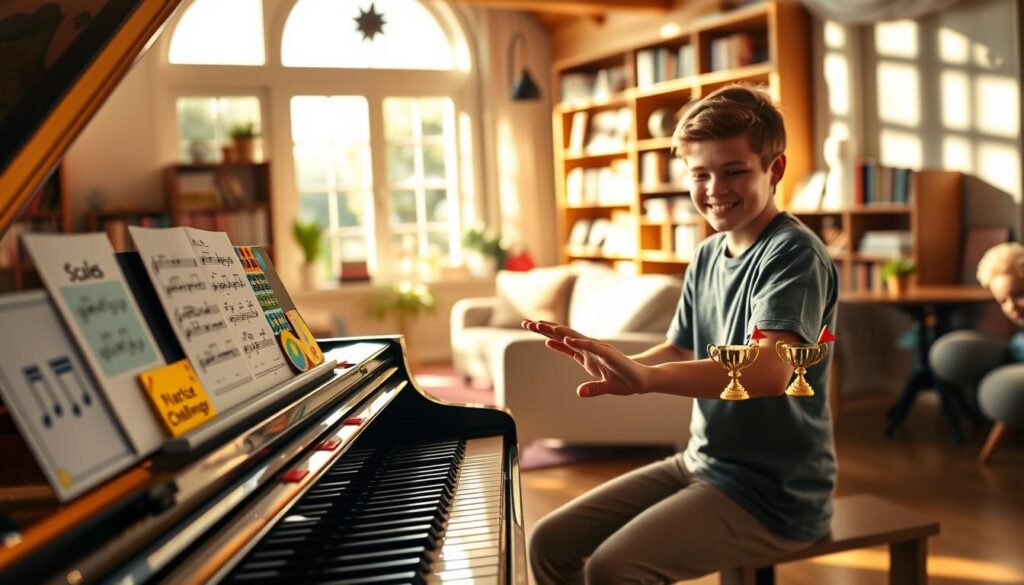 A vibrant, inviting piano practice scene depicting fun challenges and rewards. In the foreground, a grand piano with colorful stickers representing various practice challenges, such as scales, sight-reading, and playful musical notes. Beside the piano, a cheerful young musician in casual clothing is engaged in practice, concentrating yet smiling, surrounded by colorful music sheets and small trophies symbolizing achievements. In the middle ground, a cozy room filled with warm, natural light filtering through large windows, casting gentle shadows. In the background, shelves of music books and a cozy seating area enhance the atmosphere of creativity and joy. The overall mood is inspiring and encouraging, celebrating the delightful journey of learning piano.