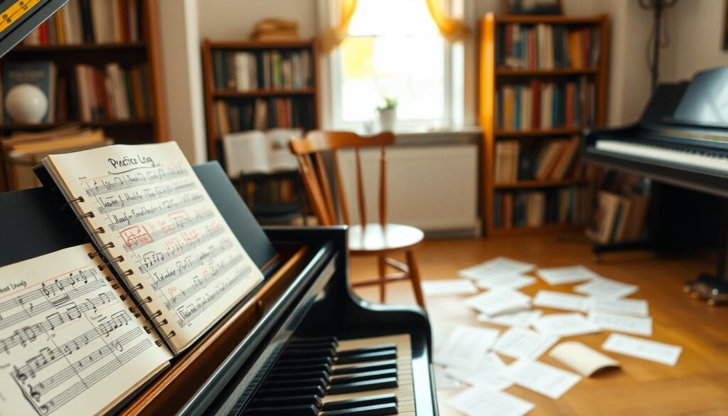 A warm, inviting room featuring a grand piano as the focal point, situated in the foreground. On the piano, an open practice log with notes scribbled in different colors, showing various mistakes highlighted in red, such as incorrect finger placements and missed notes. In the middle ground, a humble wooden chair sits beside the piano, with sheet music scattered on the floor, displaying a sense of disorganization. The background reveals a soft, blurred bookshelf filled with piano instruction books, creating an atmosphere of learning and improvement. The lighting is soft and diffused, coming from a nearby window, casting a gentle glow that enhances the mood of reflection and growth.