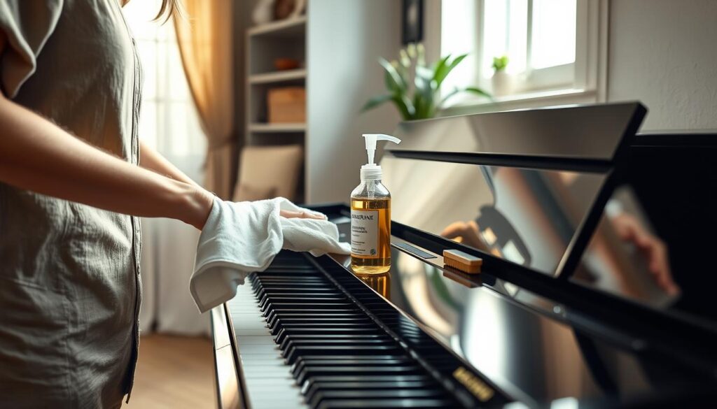 A well-lit scene showcasing a person in modest casual clothing meticulously cleaning a digital piano. In the foreground, the focus is on a soft, clean microfiber cloth being used to wipe down the glossy black surface of the piano, revealing its sheen. In the middle ground, a bottle of piano-safe cleaning solution sits next to the piano, along with a small brush for dusting the keys. Soft sunlight filters through a nearby window, casting gentle highlights and shadows across the piano. The background features a cozy room with tasteful decor that emphasizes a serene and professional atmosphere, perfect for maintaining musical instruments. The overall mood is calm and focused, emphasizing the importance of proper care and maintenance for digital pianos.