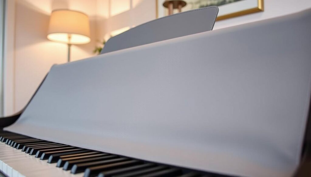 A well-maintained digital piano covered with a sleek, custom-fit dust cover in a cozy home setting. The foreground features the polished keys of the piano peeking out from under the elegant cover, highlighting its craftsmanship. In the middle, the dust cover is draped seamlessly over the piano, showcasing its protective fabric, perhaps with subtle textures indicating moisture resistance. The background includes soft lighting from a nearby lamp, casting a warm glow that enhances the inviting atmosphere of the room, with muted colors on the walls and gentle decor that suggests a peaceful music corner. The angle is slightly above eye level, focusing on the piano while capturing the surrounding environment, evoking a sense of care and appreciation for the instrument.