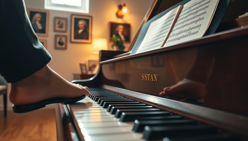 An elegant piano in a softly lit room, showcasing the intricate details of the piano pedals. The foreground features a close-up of a foot pressing down on the sustain pedal, capturing the moment of dynamic expression. In the middle, the grand piano with polished wood glistening under warm lighting. Sheet music is placed on the stand, with notes indicating a simple melody to demonstrate pedal dynamics. The background includes blurred musical decor, like framed images of famous composers and a small window allowing soft natural light to filter in, creating a warm and inviting atmosphere. The overall mood is educational and inspiring, encouraging creativity in music.