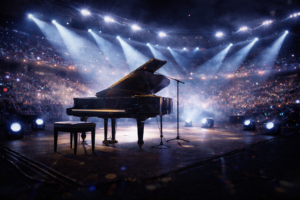 Piano performance under vibrant lights