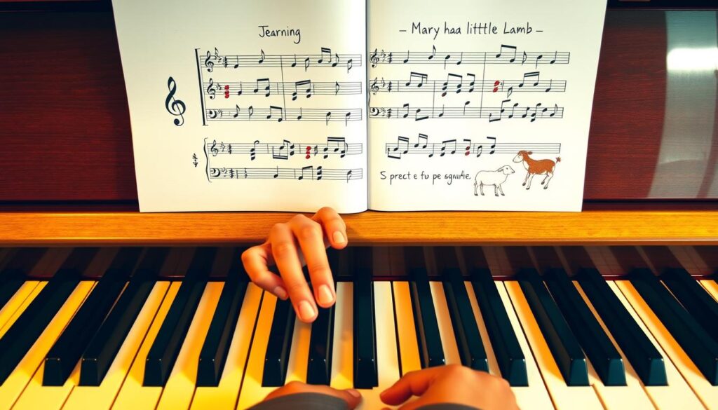 A beautifully arranged piano keyboard in the foreground, showcasing the starting notes of "Mary Had a Little Lamb" clearly marked with vibrant, colorful landmark notes. The keys gleam under warm, soft lighting, creating an inviting atmosphere that encourages learning. In the middle ground, a pair of hands, dressed in professional business attire, skillfully playing the notes, conveying a sense of focus and dedication. The background features an elegantly designed music sheet with whimsical illustrations of lambs and playful musical notes subtly incorporated into the design. The overall mood of the image is educational and inspiring, perfect for conveying the joy of learning music. The angle is a slight overhead view, allowing for a comprehensive look at both the hands on the piano and the marked keys.