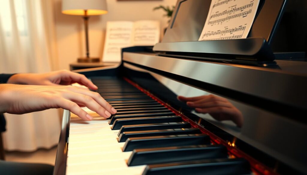 A beautifully arranged piano keyboard positioned prominently in the foreground, showcasing its glossy black and white keys. On the left side, a skilled pianist’s left hand plays an accompaniment pattern with graceful ease, incorporating waltz bass figures. The fingers expertly navigate between root notes and fifths, while the right hand hovers near the keyboard, poised to add melody. In the background, soft, warm lighting bathes the scene to create a cozy, inviting atmosphere, reminiscent of intimate music practice sessions. A gentle blur hints at the surrounding room, decorated with musical notes and sheets scattered on a nearby stand, subtly indicating a focus on learning. The overall mood is uplifting and encouraging, perfect for inspiring beginners.
