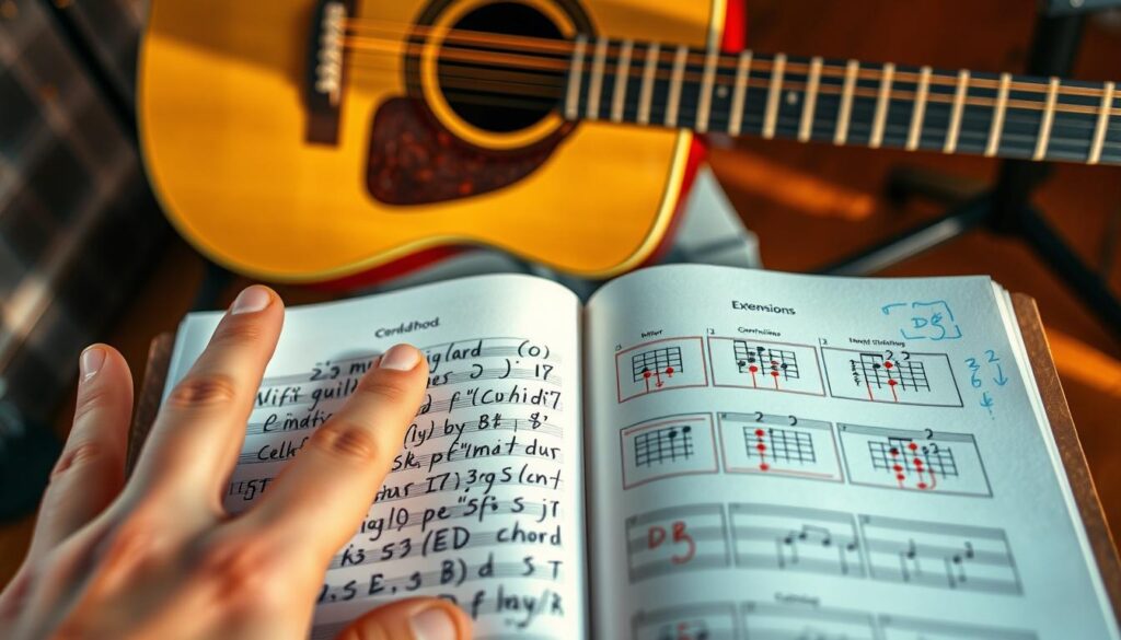 A close-up scene of a musician's hands decoding chord symbols and slash chords on a sheet of music. In the foreground, the fingers delicately point to various chord symbols, such as major, minor, and seventh chords, each surrounded by hand-written notes and musical annotations. The middle layer showcases an open music notebook with colorful diagrams illustrating chord extensions and slash chords, such as D7/B or Cmaj7/E. The background features a soft-focus acoustic guitar and music stands, illuminated by warm, natural lighting that creates a cozy, inviting atmosphere. The angle should be slightly above eye level, creating a sense of intimacy with the musician's creative process. The mood is focused, encouraging, and educational, perfect for engaging readers with the topic of music theory.