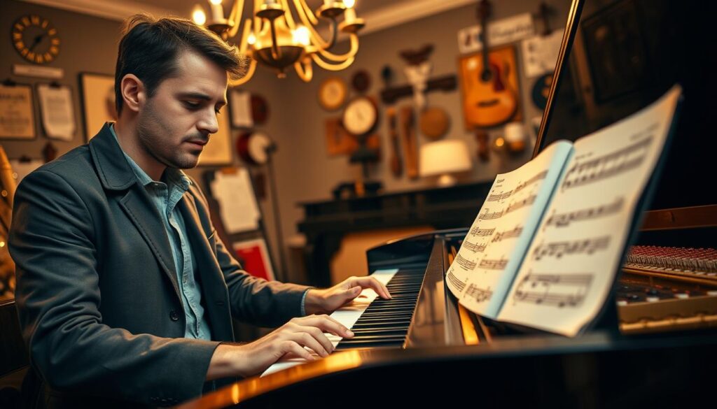 A close-up scene of a pianist passionately improvising unique left-hand patterns on a grand piano, surrounded by sheets of lead music. The foreground features a well-groomed male artist wearing a smart casual jacket and a plain shirt, intensely focused on the keys, with fingers gracefully dancing over the piano keys. In the middle-ground, blurred page turners revealing basic chord structures and melodies indicate an impromptu performance. Soft, warm lighting emanates from an overhead chandelier, creating a cozy atmosphere. The background showcases a dimly lit room adorned with musical notes and instruments, subtly suggesting a creative space. The overall mood is inspiring and dynamic, capturing the essence of musical improvisation.