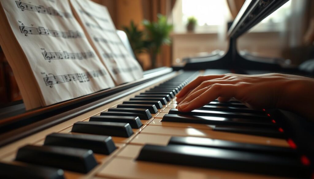 A close-up view of a grand piano keyboard, focusing on the right hand playing a broken Alberti-style chord progression. The keys are elegantly polished, showcasing a variety of ivory and ebony tones. In the background, sheet music can be seen showing notes and symbols that indicate the chord arrangement, softly blurred to keep the focus on the hands. The lighting is warm and inviting, resembling a cozy practice room, with natural light streaming through a nearby window. The mood is serene and reflective, capturing the essence of musical exploration, perfect for a section on building arrangements in classical music.