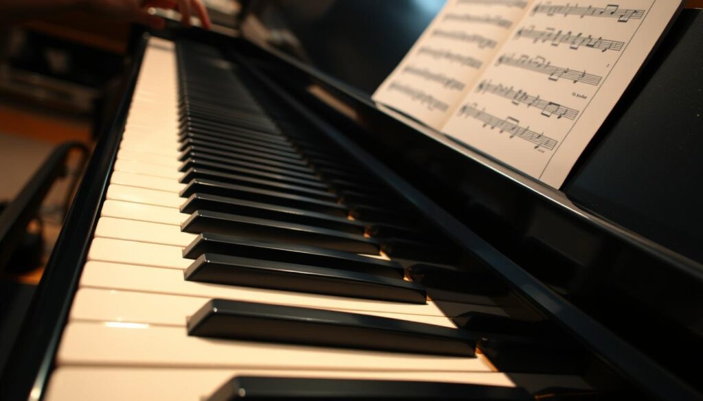 A close-up view of a grand piano keyboard, showcasing the intricate pattern of rhythmic notes for a ballad and syncopated pop-rock style. The image should highlight the right hand's fingers gracefully positioned above the keys, emphasizing a fluid and dynamic motion. In the background, softly blurred musical sheet notes can be seen, hinting at the complexity of rhythm and melody. Ambient lighting casts a warm glow over the piano, creating an inviting and creative atmosphere. The scene captures a sense of musical inspiration and artistic expression, with a focus on technique and harmony, reflecting the essence of the genre. The angle should be slightly tilted from above to give depth and context to the piano and the surrounding elements.