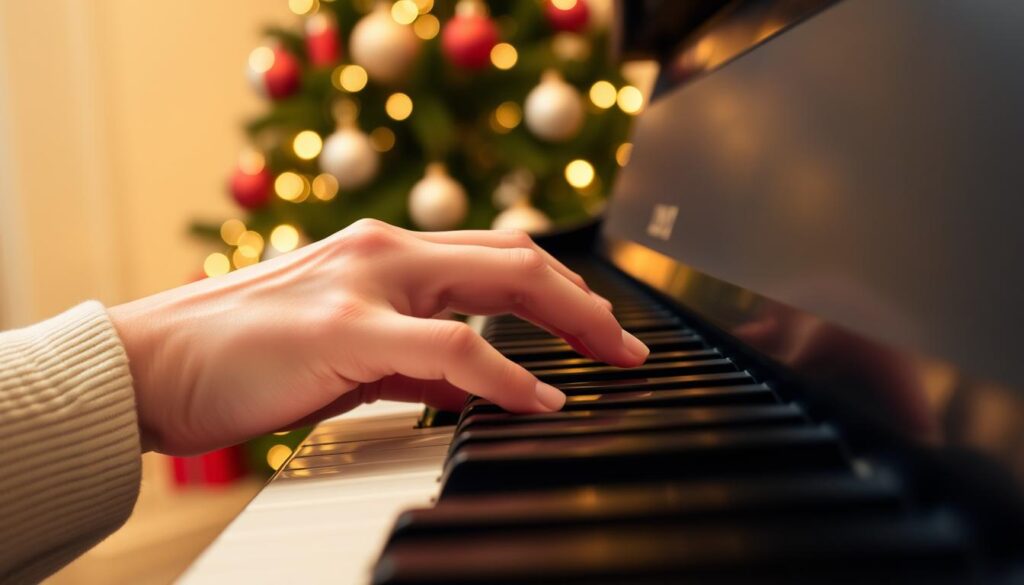A close-up view of a pianist's left hand playing fifths on a classic black and white piano keyboard. The hand is poised over the keys, fingers gracefully positioned above C and G notes, illustrating the technique of left-hand fifths. Soft, warm lighting illuminates the scene, creating a cozy holiday atmosphere. In the background, a faintly blurred Christmas tree adorned with twinkling lights and ornaments adds to the festive spirit. The focus is on the hand and keys, with a shallow depth of field to emphasize the music-making process. The image conveys a sense of warmth, creativity, and the joy of playing holiday music, perfect for an easy piano arrangement illustration.