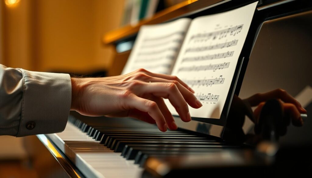 A close-up view of a skilled pianist's hands, elegantly poised above piano keys, with focused fingers preparing to play "Ode to Joy." The piano, a dark polished grand, reflects warm ambient light, creating a serene and inviting mood. The background includes soft bokeh of sheet music, highlighting the cue words per bar in subtle, elegant script. The scene captures the essence of practice and performance, emphasizing the clarity of the hands' movements and expression. The lighting is soft and warm, creating a harmonious atmosphere, as if inviting the viewer to join in the musical experience. The image is framed to highlight the hands and piano, with a shallow depth of field enhancing the focus on the intricate movement of the pianist.