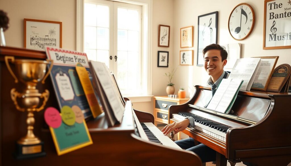 A cozy, inviting piano practice room filled with natural light streaming through a large window. In the foreground, a polished, vintage wooden piano sits with sheet music on the stand, showcasing a variety of beginner pieces. Nearby, a set of colorful milestone rewards – like a shiny trophy, stickers, and a decorated certificate – are artfully arranged, symbolizing achievements. In the middle ground, a cheerful young adult in smart casual clothing sits at the piano, focused and smiling, their fingers poised above the keys, embodying joy and determination. The background features soft pastel-colored walls adorned with music-themed art, creating a warm and inspiring atmosphere. The overall mood conveys excitement and motivation, inviting viewers to celebrate progress and learning in their piano journey.