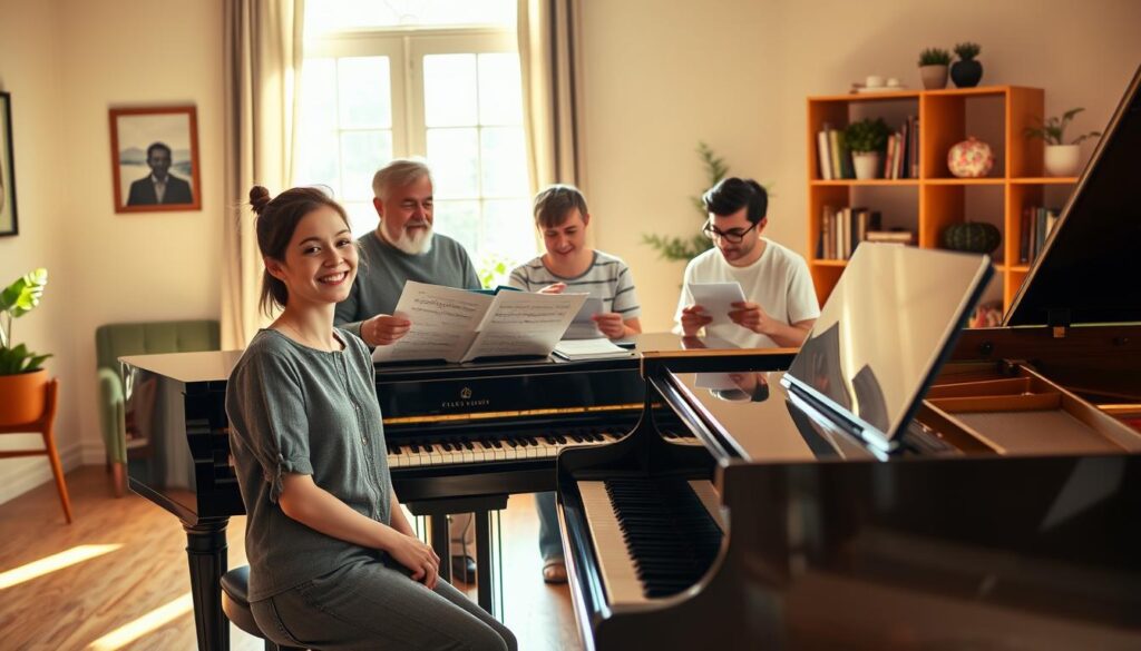 A cozy, sunlit room filled with a grand piano as the central focus, showcasing an inspiring scene of five beginner pianists gathered around, celebrating their progress. In the foreground, a young woman in modest casual attire is smiling widely, having just played her first melody, while a middle-aged man beside her claps in encouragement. In the middle ground, two young men share a sheet of music, discussing notes enthusiastically. In the background, a window lets in warm, golden light, highlighting an artfully arranged bookshelf filled with music books and plants. The atmosphere is joyful and uplifting, capturing a sense of achievement and community among these budding musicians. The image should feature soft, natural lighting with a warm, inviting tone.