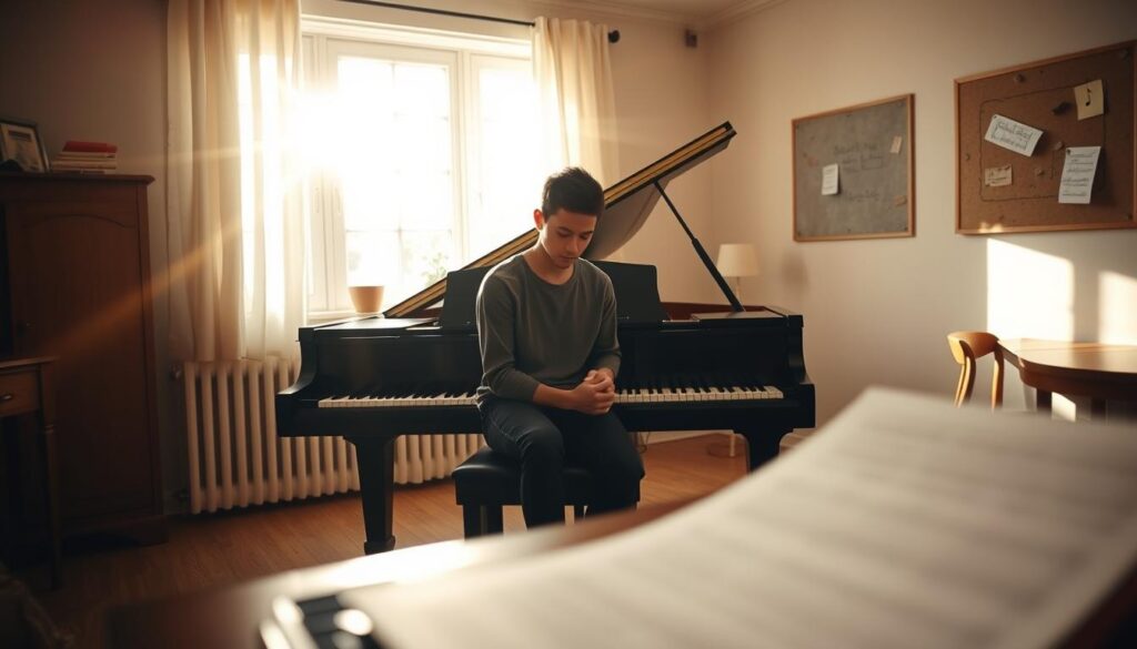 A cozy, well-lit practice room featuring a grand piano in the foreground, where a beginner pianist sits on a stool with a contemplative expression, wearing modest casual clothing. The middle ground includes sheet music scattered on the piano bench, highlighting the theme of struggle. Sunlight filters through a window, casting warm, inviting rays that create a serene atmosphere. In the background, a few music notes are pinned to a corkboard, symbolizing aspirations and goals. The mood is reflective yet hopeful, capturing the essence of "dealing with off days" in piano practice. The scene is framed with a soft focus, emphasizing the pianist and their interaction with the piano, while the natural lighting enhances the emotional weight of the moment.