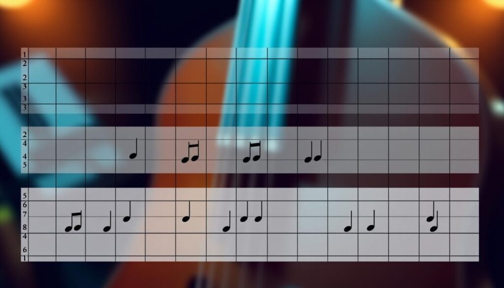 A detailed waltz bass rhythm grid diagram, showcasing a 3/4 time signature layout. In the foreground, bold and clear grid lines create a structured appearance, with musical notes artistically placed within the squares representing a typical waltz bass pattern. The middle section features a subtle gradient of soft blues and greens, enhancing a calm and rhythmic atmosphere. In the background, use blurred musical instruments like a piano or double bass, emphasizing the connection to the waltz genre. The lighting should be warm and inviting, with a gentle spotlight effect highlighting the grid. Capture this image from a slight overhead angle to provide depth and clarity, evoking a sense of creative music-making.