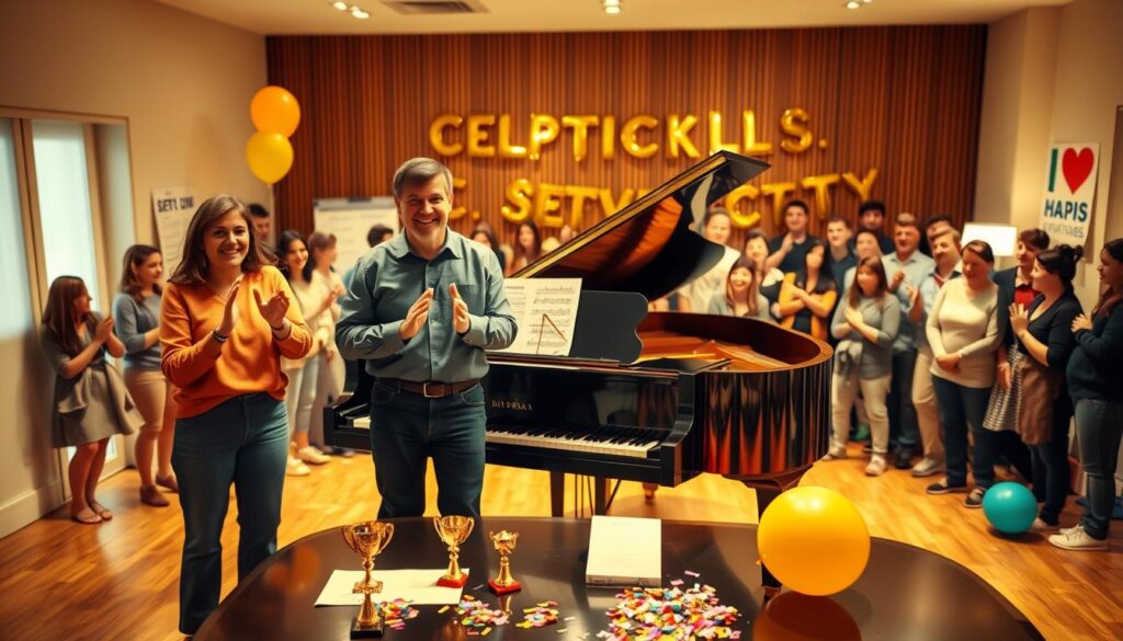 A joyful celebration of success around a grand piano in a warmly lit room. In the foreground, two people in modest casual clothing are clapping and smiling, standing beside the piano, surrounded by sheet music and a few small trophies. The middle ground features the polished grand piano, with joyful decorations like balloons and confetti scattered around. In the background, soft-focus images of friends and family are gathered, expressing pride and excitement, with colorful banners celebrating achievements. The lighting is bright and inviting, with golden hues creating a festive atmosphere. Capture the scene from a slightly elevated angle to convey warmth and connection among the celebrants, evoking feelings of joy and accomplishment.