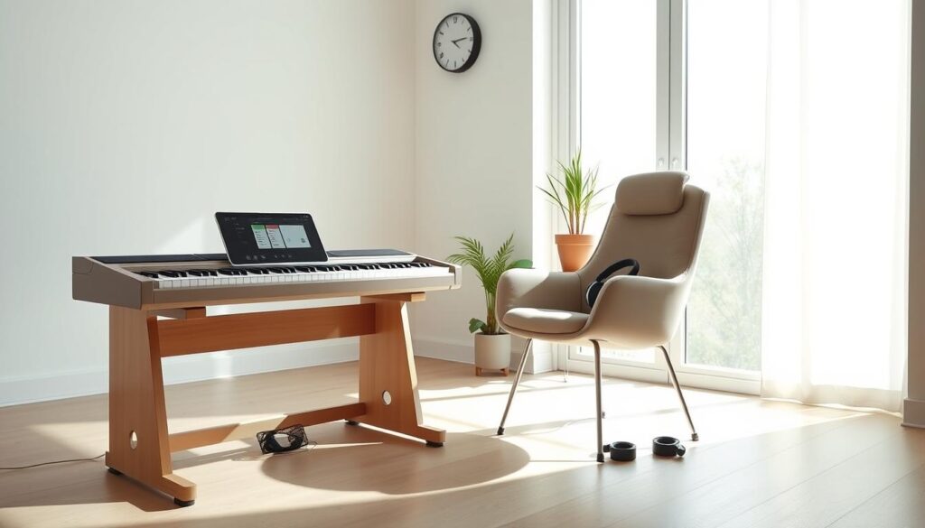 A minimalist piano practice technology setup in a bright, airy room. In the foreground, a sleek digital piano with a clean design sits on a simple wooden stand, accompanied by a tablet displaying a practice app. The middle layer features a comfortable, modern chair angled slightly towards the piano, with a set of wireless headphones resting on the seat. The background includes a large window allowing natural light to flood the space, illuminating a few potted plants and a subtle wall clock. Soft shadows create a tranquil atmosphere, emphasizing focus and productivity. Capture this scene with a wide-angle lens, highlighting the simplicity of the setup while maintaining a professional, inviting mood. The overall composition should reflect the integration of technology into a serene practice environment.