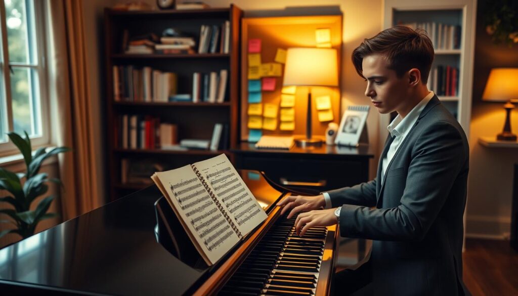 A serene and inviting piano practice space, with a polished grand piano in the foreground. A motivated beginner, dressed in smart casual attire, sits at the piano, concentrating on sheet music spread before them, showcasing notes and beginner-friendly exercises. In the middle ground, a corkboard filled with colorful sticky notes displays various practice tips and goals, alongside a metronome and a notebook for tracking progress. The background features warm, ambient lighting from a nearby lamp, creating a cozy atmosphere. Softly blurred bookshelves filled with music literature and a window with gentle sunlight filtering through enhance the inviting feel, promoting a sense of focus and commitment to building a consistent piano practice habit.