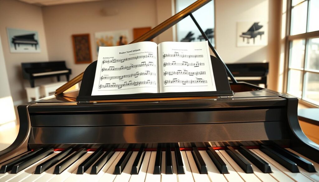 A serene music classroom setting featuring a polished, grand piano in the foreground, showcasing an intricate display of the broken chord arpeggio stride-lite piano pattern on its sheet music. The camera angle captures a top-down view of both the piano keys and the sheet music side by side, highlighting the flowing movement of fingers across the keys. Soft, warm, natural light filters through large windows, creating delicate highlights on the piano's surface. In the background, muted colors play on the walls, adorned with musical notes and pianos, exuding an atmosphere of creativity and tranquility. The mood is inviting and focused, perfect for a student learning this beautiful arpeggio technique.
