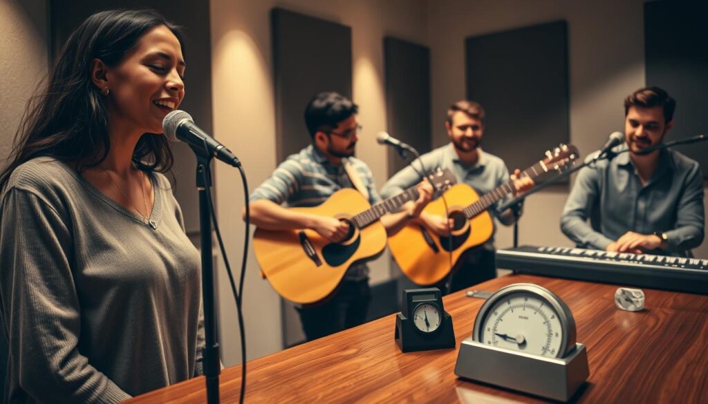 A serene music studio scene featuring a diverse group of four singers and instrumentalists engaged in a practice session. In the foreground, a focused female vocalist sings into a microphone, her expression conveying concentration as she pays attention to her breathing techniques. Beside her, a male guitarist strums a chord progression on a sleek acoustic guitar, while another male musician on keyboard gestures encouragingly. In the background, a metronome ticks steadily on a polished wooden table, symbolizing tempo. Soft, warm lighting creates an inviting atmosphere, with soft shadows cast on the walls. The overall mood is collaborative and relaxed, highlighting the importance of synchronizing singing and playing together. The camera angle captures the energy of the group, with a slight low angle to convey depth and engagement.
