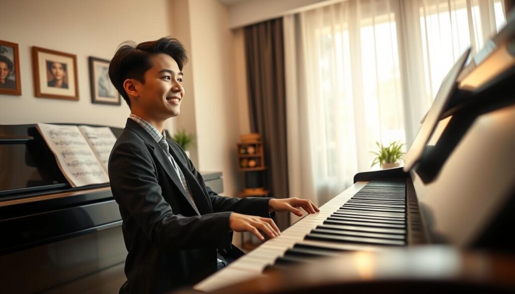 A serene scene showcasing a young adult at a polished black piano in a cozy, warmly lit room. In the foreground, the pianist, dressed in smart casual attire, sits focused, with their hands poised elegantly over the keys. Their expression reflects determination and joy, embodying the essence of beginner piano success. The middle ground features sheet music spread out, with a few small decorations like a potted plant and a framed photo, adding a personal touch to the environment. In the background, soft, diffused light filters in through a window, illuminating dust motes in the air, creating a peaceful, inspiring atmosphere. The angle of the image captures both the pianist's profile and a glimpse of their composed fingers, emphasizing the intimate connection with music.