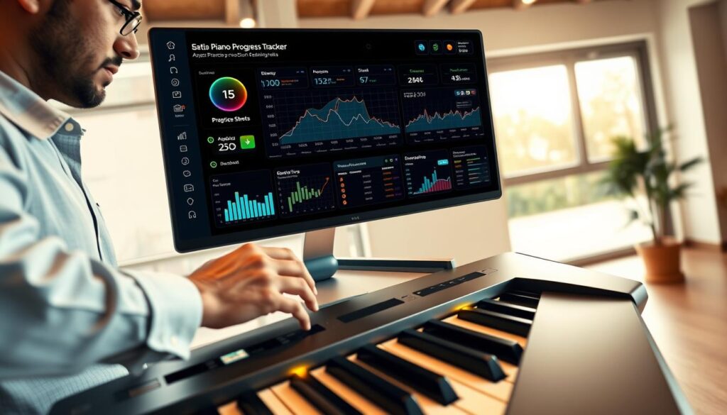 A sleek digital piano progress tracker dashboard displayed on a futuristic monitor. The dashboard features vibrant graphs and analytics showcasing piano practice statistics, progress over time, and skill improvement metrics. In the foreground, a professional keyboardist in smart casual attire interacts with the dashboard using a touchscreen interface. The middle section presents a close-up of the piano keys with glowing notes highlighting practice sessions. The background includes a modern, well-lit room with soft ambient lighting, featuring a large window showing natural light filtering in, creating a warm, inspiring atmosphere. Capture the essence of technological advancement in music practice, emphasizing growth and analysis in a creative, visually appealing way.
