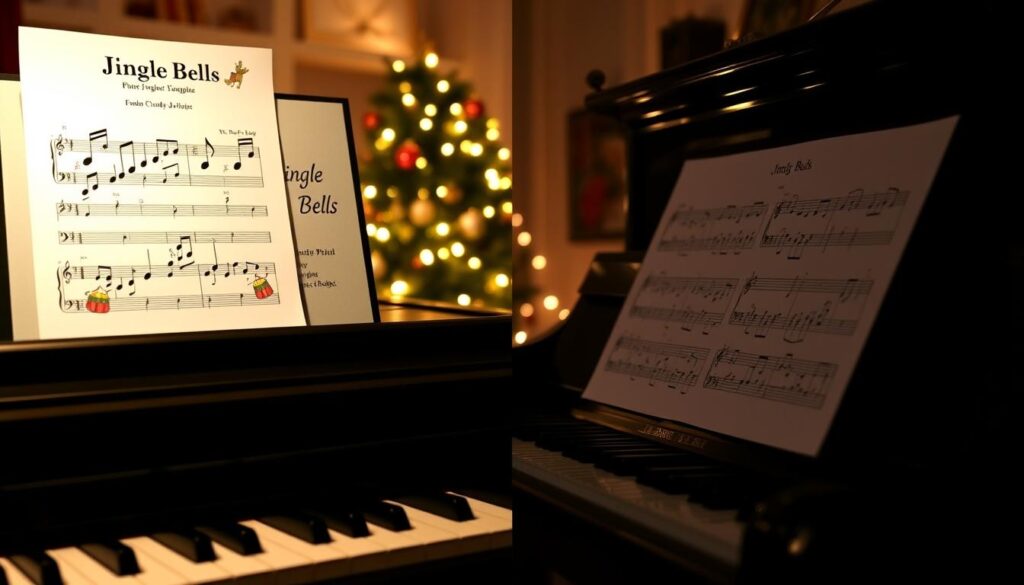 A split-screen image showcasing two piano arrangements for "Jingle Bells." On the left, a simple, child-friendly sheet music layout with large notes, bright colors, and playful illustrations, positioned prominently in the foreground. On the right, a more sophisticated sheet music arrangement, featuring intricate notes and a polished presentation, depicted in a darker, elegant color scheme. The background shows a softly lit cozy room during the holiday season, adorned with festive decorations like a Christmas tree and warm fairy lights, creating a cheerful and inviting atmosphere. The lighting is warm and inviting, emphasizing the holiday spirit. The image captures the contrast between the two piano arrangements, appealing to both beginners and advanced players.