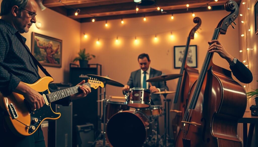 A vibrant scene depicting a jazz ensemble in a cozy, warmly lit room, capturing the essence of a "jam along backing track with a swing feel." In the foreground, a skilled guitarist plays an electric guitar, showcasing a smooth riff, while a double bassist gently plucks the strings, both immersed in the music. In the middle, a drummer with a lively expression taps out a cheeky swing rhythm, surrounded by various musical notes dancing in the air, creating a sense of movement and flow. In the background, softly glowing fairy lights hang from the ceiling, setting an inviting mood. The atmosphere is lively yet relaxed, evoking the joyful spirit of a jam session, with warm, soft lighting enhancing the overall ambiance. The angle captures the ensemble from a slightly elevated perspective, highlighting the musicians' enthusiasm and engagement with each other.