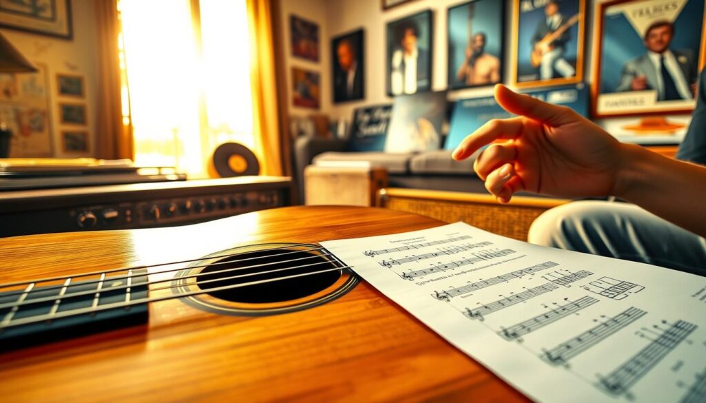 A vibrant scene showcasing a wooden guitar resting on a vintage amplifier, with sheet music featuring a pentatonic scale blues riff elegantly laid out beside it. In the foreground, focus on the intricately carved details of the guitar body, the strings glinting under warm, soft lighting. The middle ground captures a pair of hands skillfully demonstrating a right-hand picking technique, adorned with simple, casual attire. In the background, a cozy room bathed in golden hour light filters through a window, illuminating a collection of vinyl records and framed blues legends on the wall, creating an inviting, nostalgic atmosphere. The overall mood is inspiring and encouraging, ideal for beginners eager to dive into blues music.