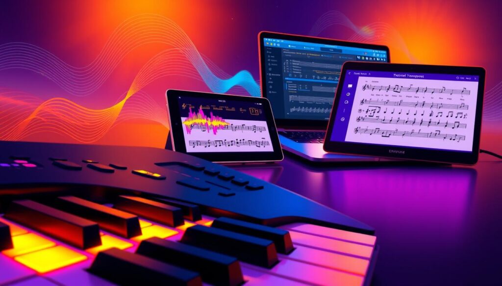 A visually engaging digital illustration comparing keyboard transpose tools and MIDI apps. In the foreground, feature a sleek digital keyboard with vibrant keys representing various musical notes, illuminated softly by warm light. Next to it, a modern laptop displaying a MIDI app interface with colorful waveforms and musical notations, bathed in a cool blue glow. In the middle ground, include a tablet showcasing a music sheet with highlighted transpose functions. The background can show abstract representations of sound waves and musical symbols, creating a dynamic atmosphere. The overall color scheme should blend warm and cool tones, conveying a sense of creativity and innovation in music. The image should evoke an inspiring and tech-savvy mood, focused on the advancement of music technology.