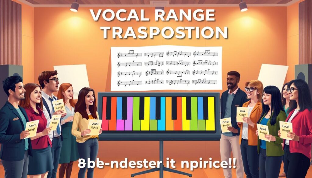 A visually engaging illustration capturing the concept of vocal range transposition for singers. In the foreground, a diverse group of singers of various ages and ethnicities stands in a semi-circle, each holding a musical note card labeled with different keys. They are dressed in smart casual attire, showcasing enthusiasm and engagement. The middle ground features a large colorful keyboard with highlighted keys representing comfortable starting notes for singing. In the background, a softly blurred music studio setting with sheet music and acoustic panels enhances the ambiance. Soft, warm lighting creates an inviting atmosphere, evoking a sense of community and learning. The overall mood is positive and encouraging, suitable for a beginner tutorial focused on vocal performance.