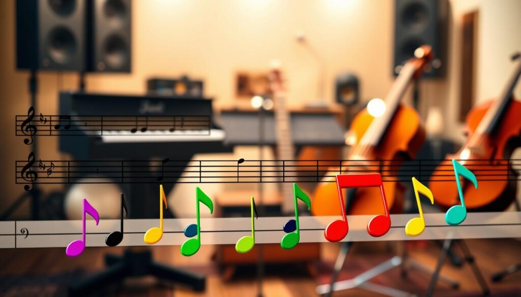 A visually striking representation of melodic transposition landmarks and interval steps, featuring a detailed music staff with notes arranged in ascending and descending patterns, symbolizing interval movements. In the foreground, colorful musical notes with varying shapes and sizes illustrate specific intervals, such as whole steps and half-steps. The middle layer includes a variety of instruments, like a piano, guitar, and violin, set against a softly blurred backdrop of a recording studio, evoking a creative atmosphere. The lighting is warm and inviting, casting gentle shadows to enhance the depth of the scene. The overall mood should be inspiring, reflecting the joy of music and the ease of transposing melodies, encouraging beginners to explore musical concepts.