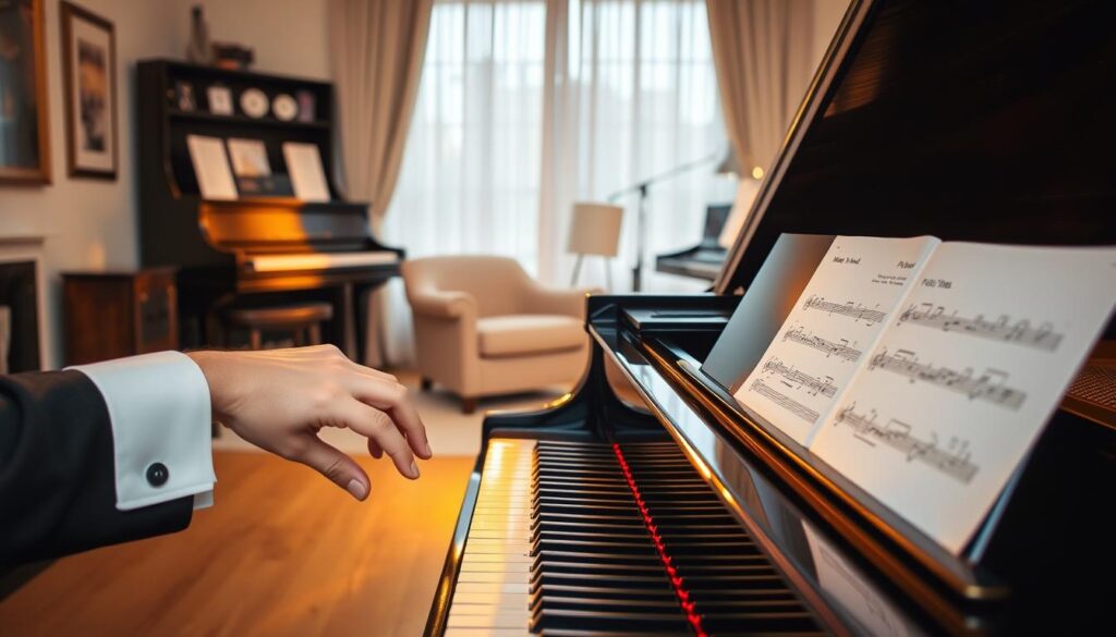 A warmly lit piano studio, featuring a grand piano in the foreground with its glossy black surface reflecting soft golden light. Positioned at the piano, a musician’s left hand, elegantly clad in a smart-casual outfit, is poised above the keys, focused on playing bass notes. Sheet music is visible, displaying the notes for "Mary Had a Little Lamb," emphasizing left-hand options like single bass notes and fifths. In the middle ground, a cozy armchair and music stand are situated, surrounded by piano books and a metronome. The background hints at a gentle ambiance, with soft curtain drapes and shelves holding musical memorabilia. The overall mood is inviting and educational, perfect for a focused practice session.