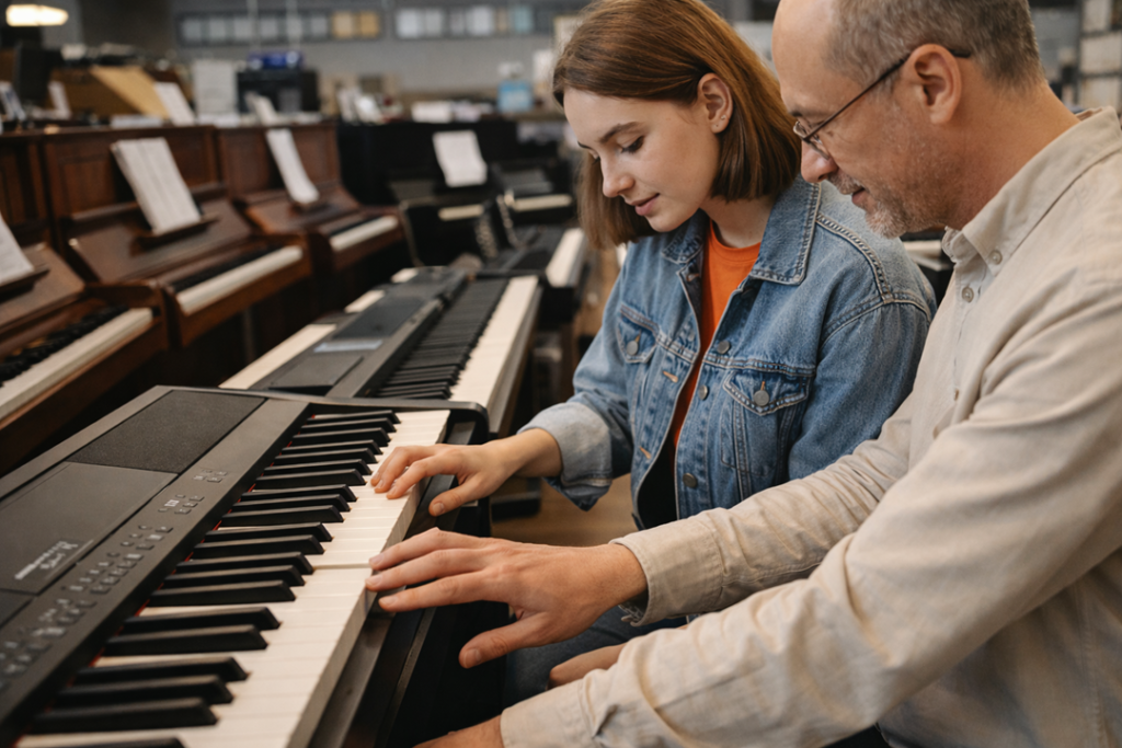 Choosing piano keys at the store