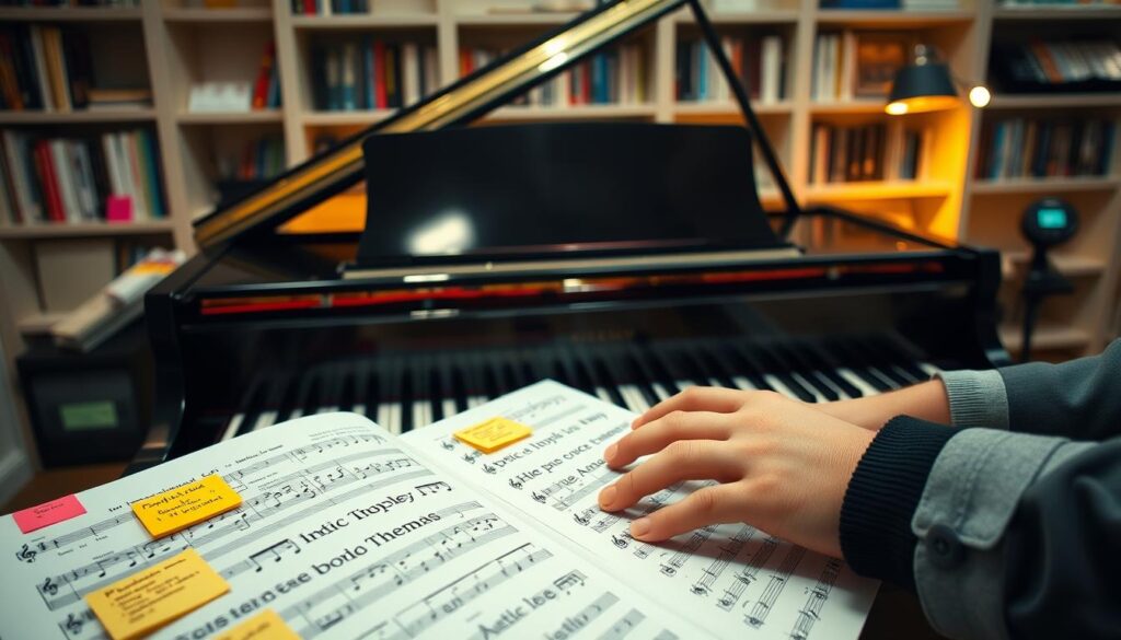 A beautifully arranged piano sheet music in the foreground, showcasing a medley of iconic movie themes in elegant notation. Surrounding the sheet music, there are colorful sticky notes with notes and practice tips in an organized manner. In the middle ground, a polished grand piano gleams under soft, warm lighting, inviting the viewer to imagine playing the medley. A pair of skilled hands, dressed in smart casual attire, gracefully poised over the piano keys, adding a human touch to the scene. In the background, soft-focused shelves filled with music books and a metronome, creating a cozy, inviting atmosphere for practice and learning. The overall mood is inspirational and focused, emphasizing passion and creativity in music.