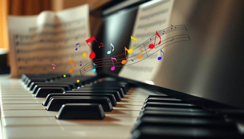 A serene piano in the foreground, its polished black surface reflecting soft daylight. The keys are slightly illuminated, revealing a few gently pressed chords, symbolizing various harmonic patterns. In the middle, an arrangement of colorful musical notes and abstract visual representations of harmony flow gracefully above the piano, embodying the essence of melody and emotion. The background features a blurred, elegant music sheet with handwritten notes, highlighting the simplicity of iconic movie themes. The lighting is warm and inviting, capturing a calm yet inspirational atmosphere, emphasizing creativity and learning. The angle is slightly elevated to showcase the keys and notes, inviting viewers into the world of music.
